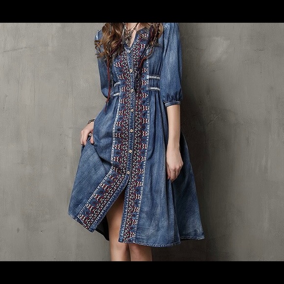 Keer Qiaowa Denim Dress with pockets BOHO SZ Small EUC - Picture 1 of 7